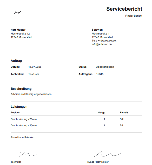Automatisch erzeugter Servicebericht aus Solavion Report