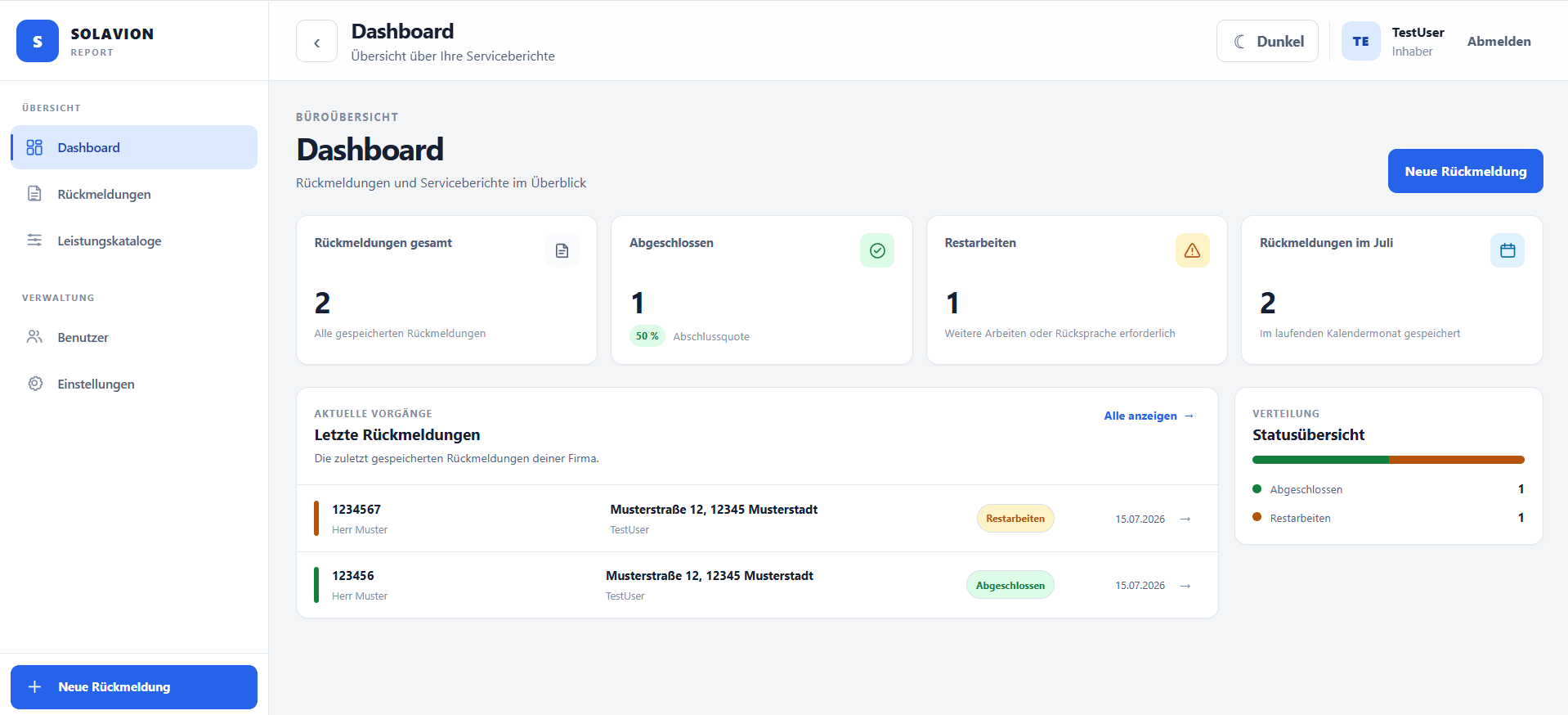 Dashboard von Solavion Report mit Rückmeldungen, Statusübersicht und aktuellen Vorgängen