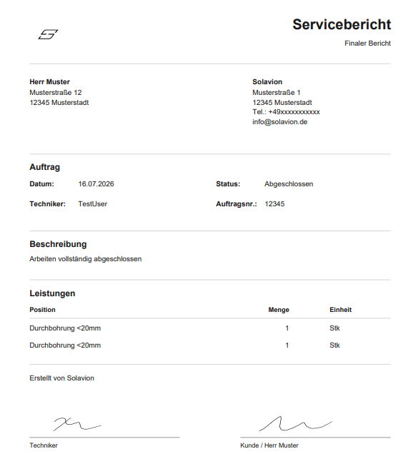 Automatisch erzeugter PDF-Servicebericht aus Solavion Report